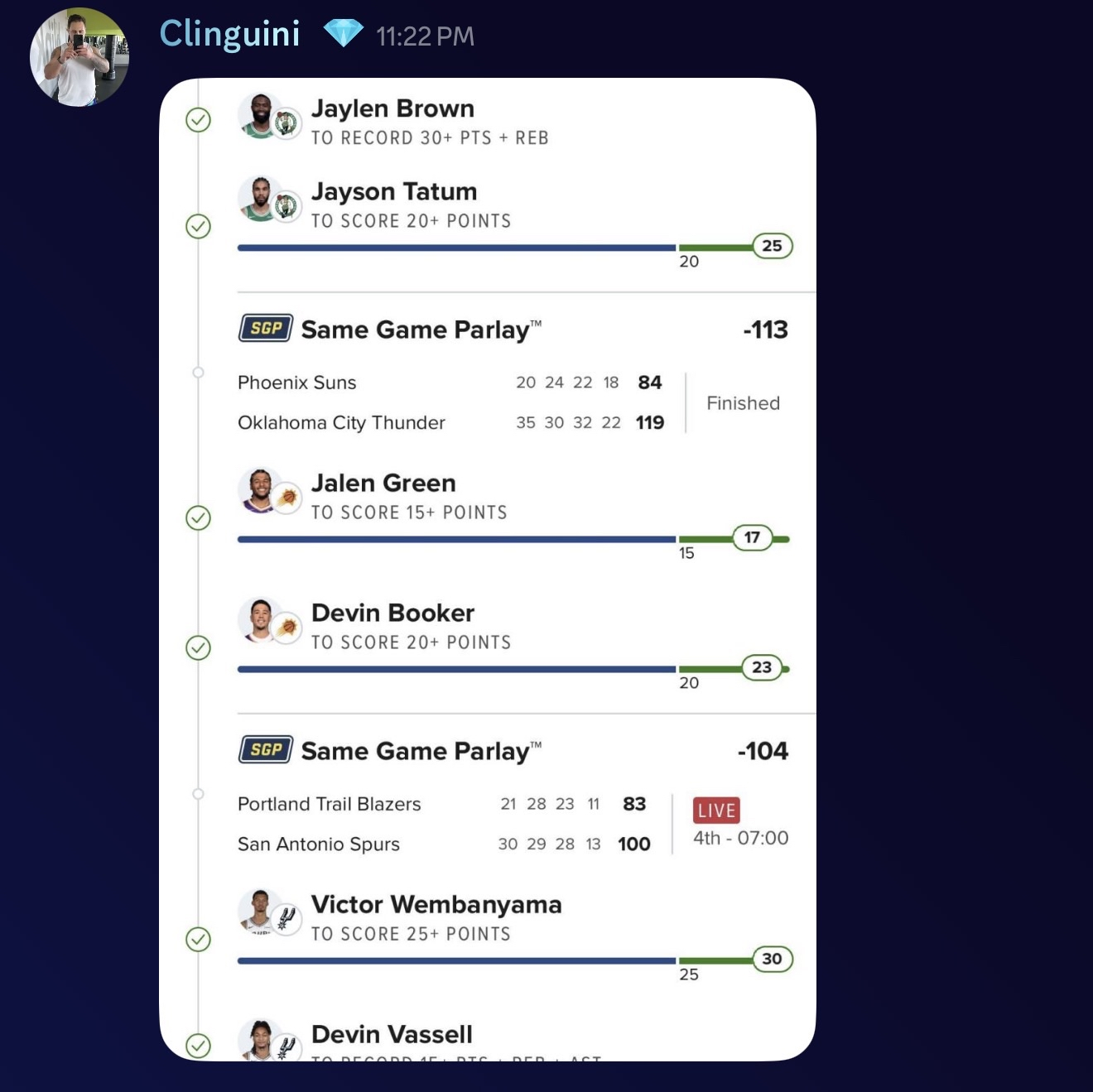 Clinguini 8-leg NBA SGP+ cashed