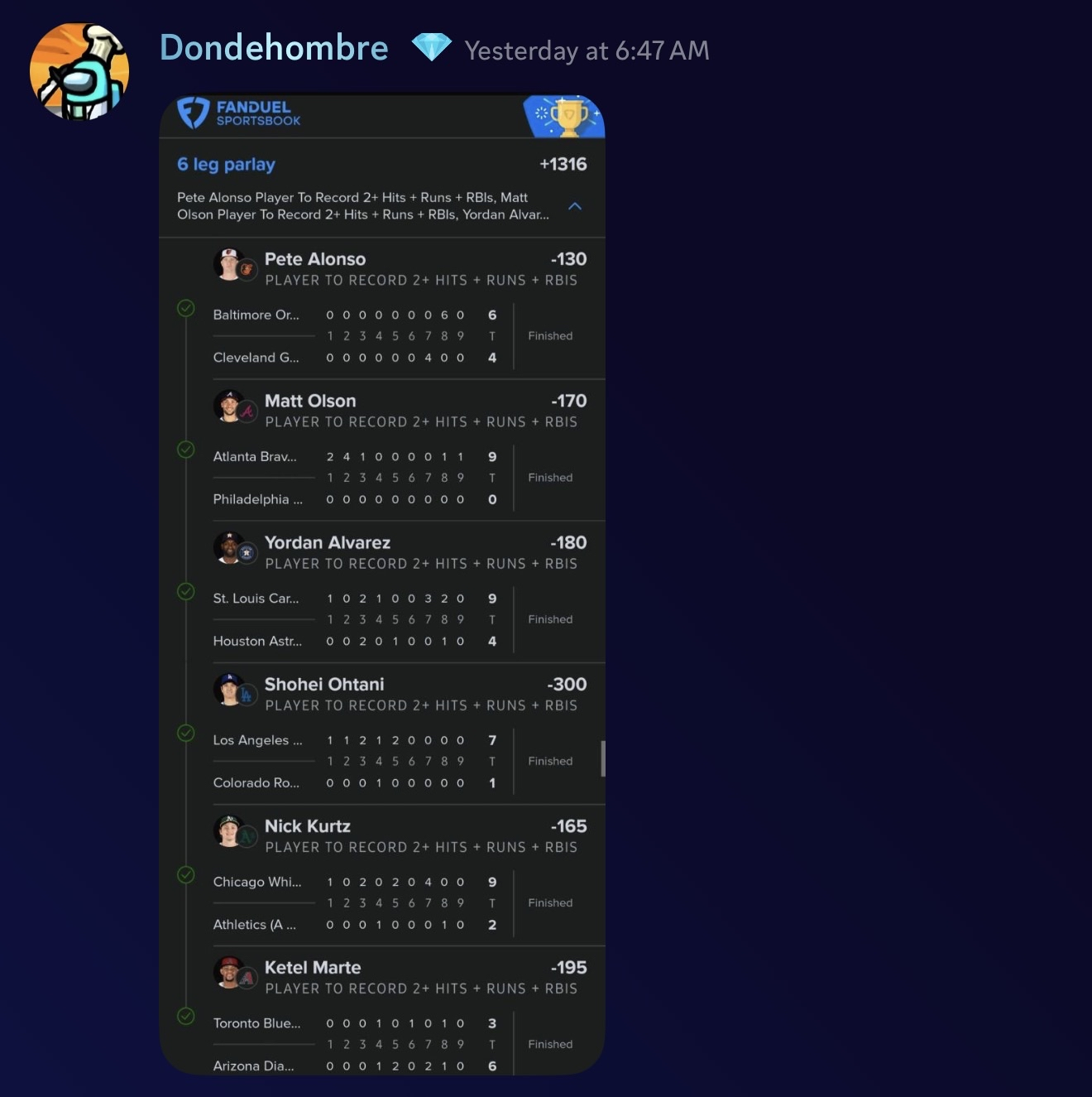 Dondehombre 6-leg HR parlay cashed