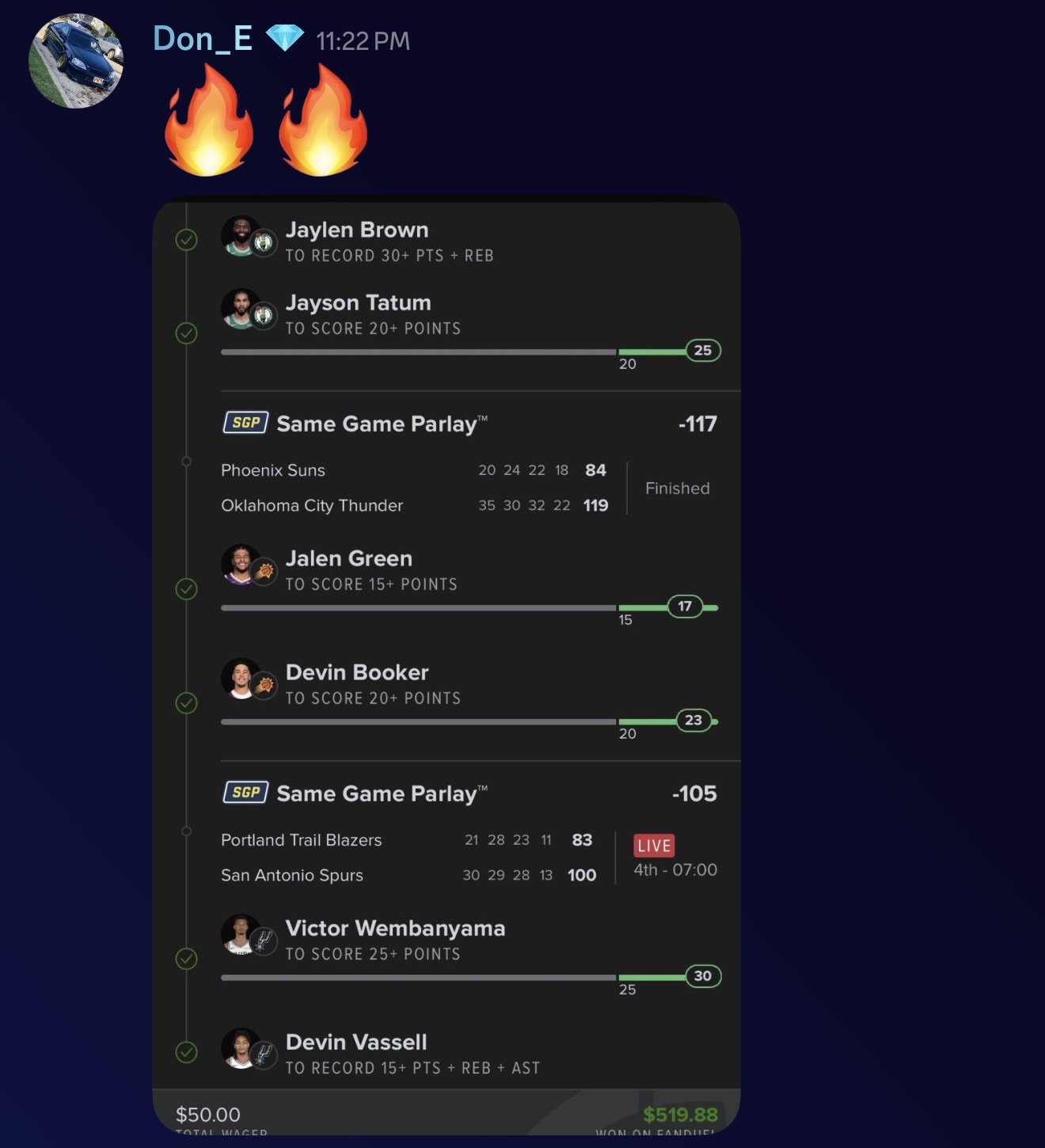 Don_E 6-leg NBA SGP+ cashed $50 → $519.88