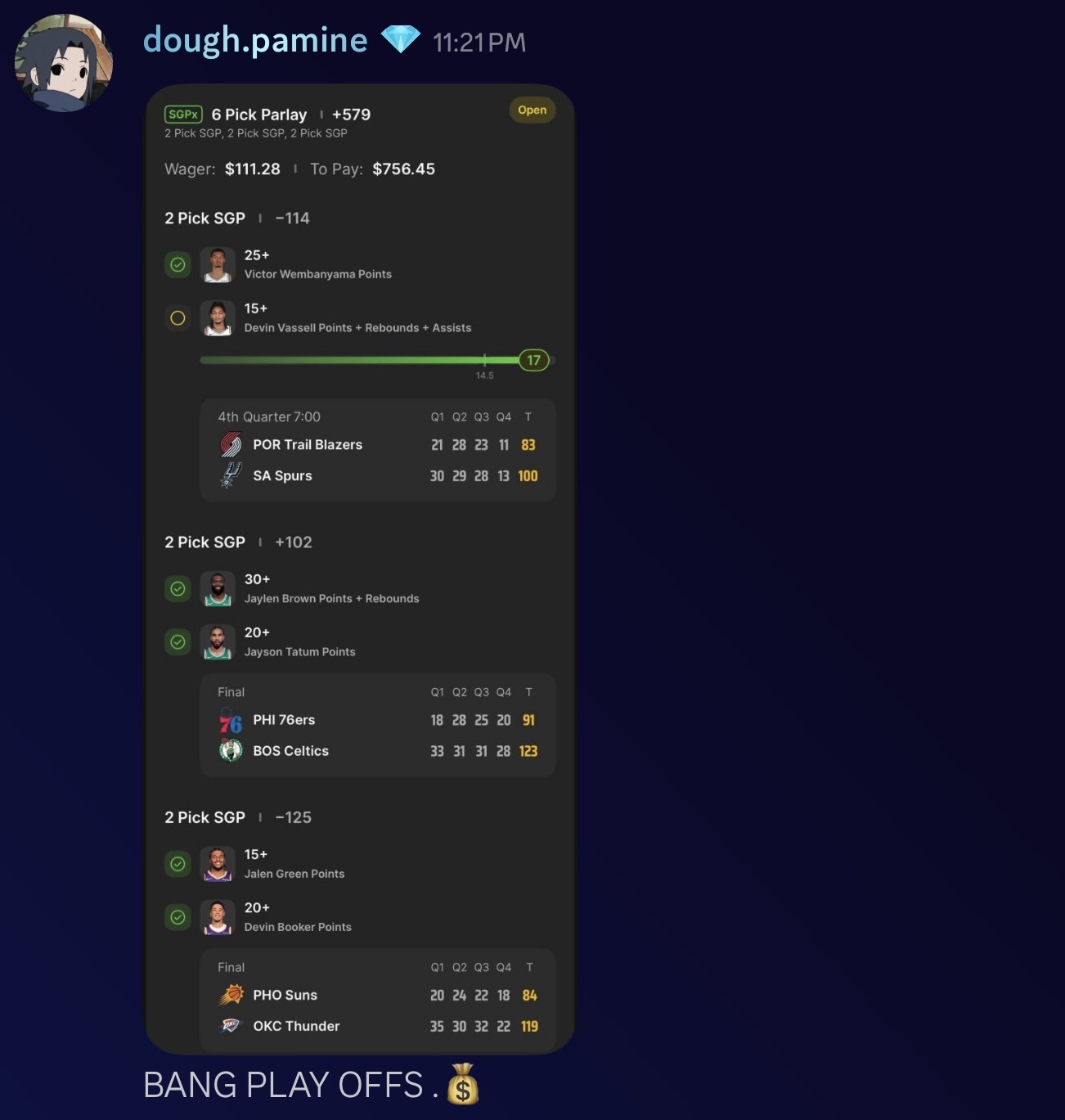 dough.pamine 6-pick SGPx cashed $111 → $756