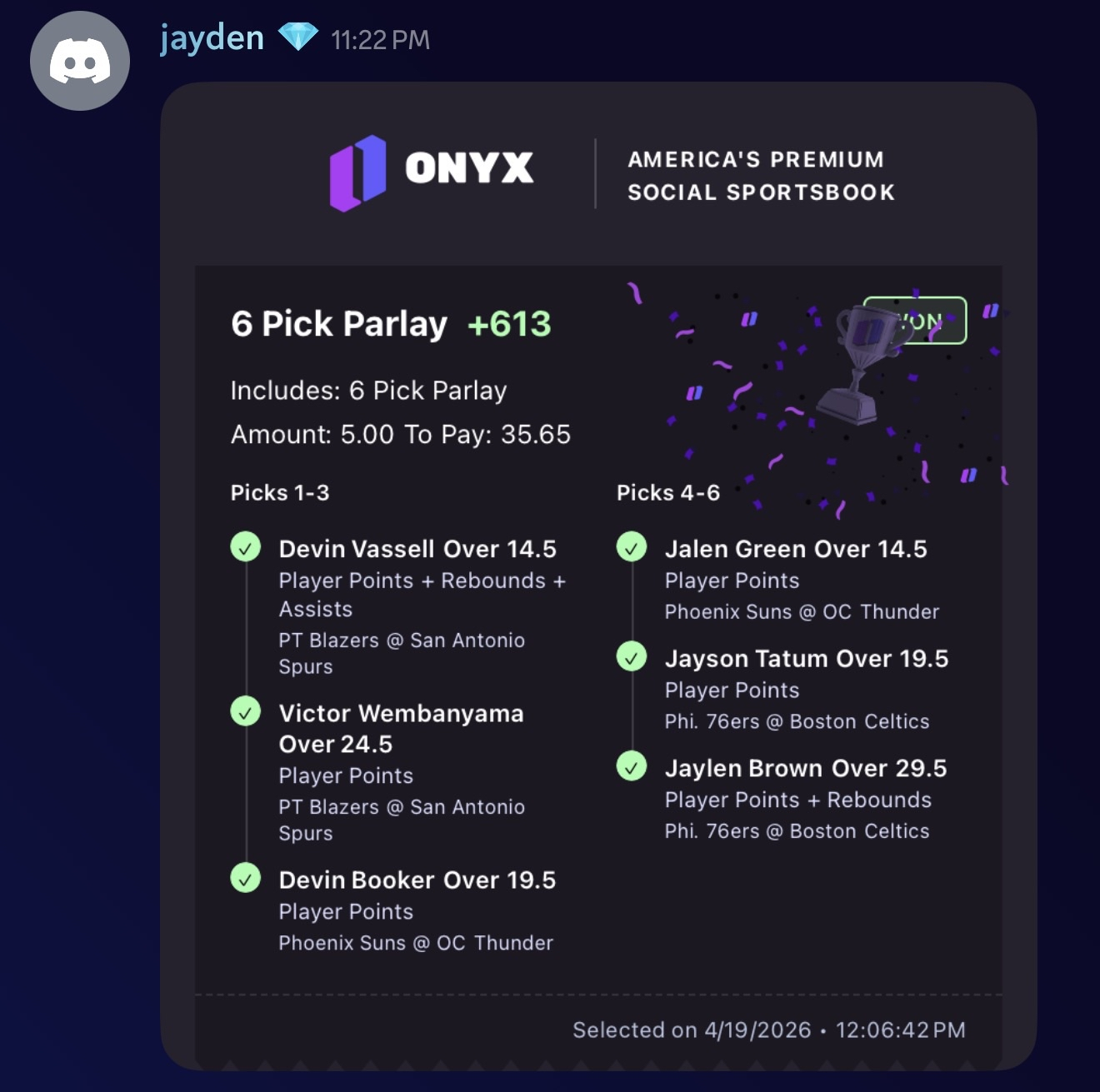 jayden 6-pick parlay cashed $5 → $35.65