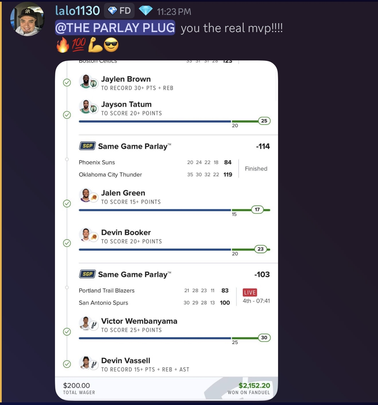 lalo1130 8-leg NBA SGP+ cashed