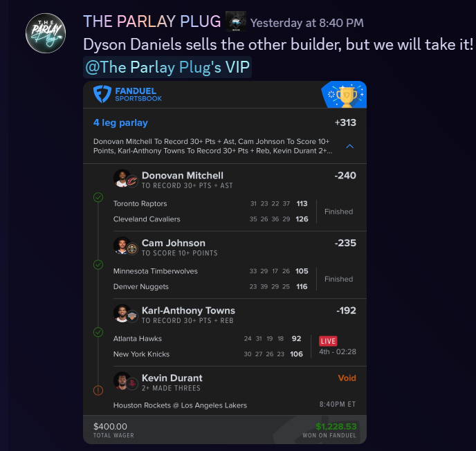 The Parlay Plug VIP 4-leg parlay cashed